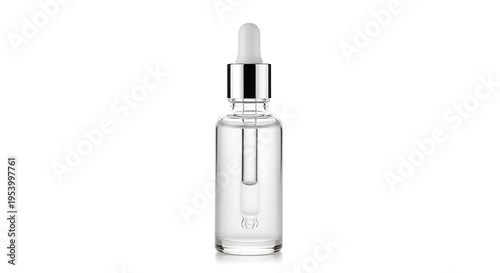 Clear glass dropper bottle with silver cap and white dropper tip containing clear liquid clear glass bottle