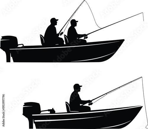 Fishing boat silhouettes with anglers casting rods, black and white illustration of recreational fishing activity on water isolated background