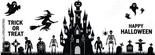 Halloween spooky scene with haunted castle, ghosts, witch and graveyard silhouettes, black and white illustration with trick or treat theme
