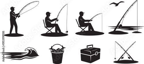 Collection of black silhouette vector icons related to fishing