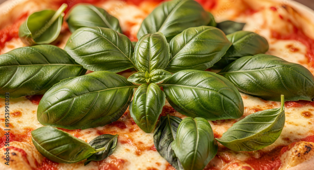 Fototapeta premium Extreme close up of a classic Margherita pizza topped with melted mozzarella cheese and fresh green basil leaves