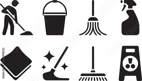 Eight black icons for cleaning supplies and services including man mopping, bucket, broom, spray bottle, cloth, shiny surface, mop, and wet floor sign