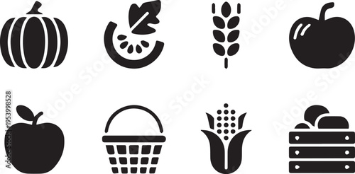 Autumn harvest food icons set including pumpkin apple corn wheat basket and vegetable crate for organic farm market and gardening themes