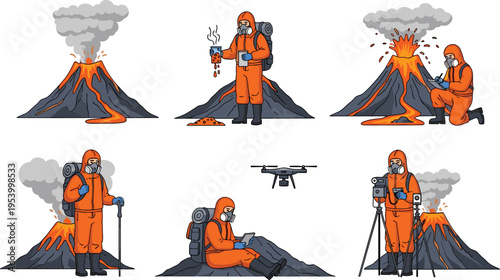 Volcanologist scientist character set exploring erupting volcano with lava, wearing orange protective suit and gas mask for geology vector illustration.