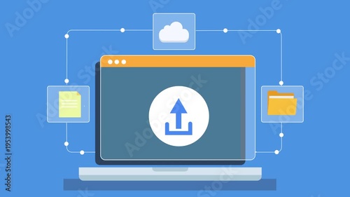Animated flat illustration of a laptop displaying cloud upload dashboard with data transfer, file management, and server interface on a minimal background.