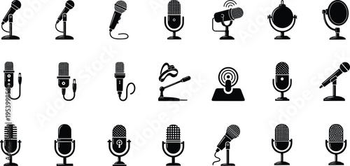 Microphone icons and audio equipment set, black and white illustration of studio, podcast and broadcast mics isolated on clean background