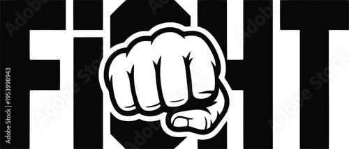 A black and white image of a fist in front of a geometric pattern