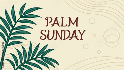 This image displays a festive palm sunday graphic with green and yellow hues, featuring stylized palm fronds and elegant calligraphy. high-quality professional detailed modern stylish