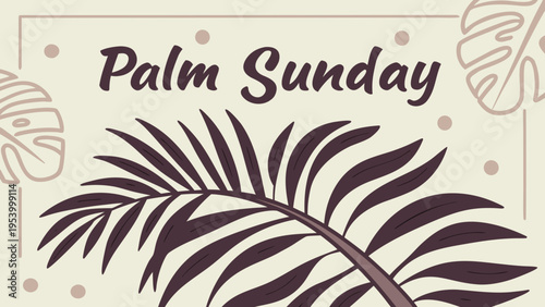 This image displays a festive palm sunday graphic with green and yellow hues, featuring stylized palm fronds and elegant calligraphy. high-quality professional detailed modern stylish