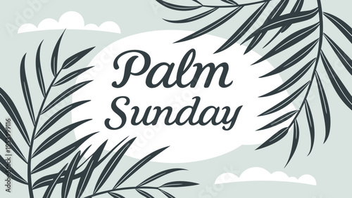 This image displays a festive palm sunday graphic with green and yellow hues, featuring stylized palm fronds and elegant calligraphy. high-quality professional detailed modern stylish