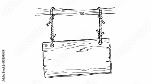 A hand-drawn sketch of a rustic wooden sign hanging from a branch by ropes.