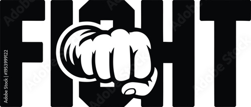 A black and white image of a fist in front of the word fight