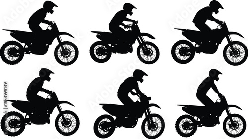 Motocross rider silhouettes set performing dirt bike riding, black and white illustration of extreme off road motorcycle sport action