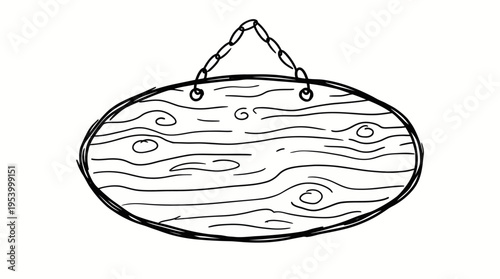 A hand-drawn sketch of an oval wooden sign hanging from a chain, with visible wood grain and knots.