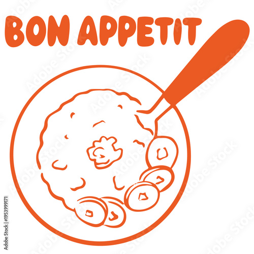 Breakfast hand drawn doodle with porridge banana slices and bon appetit lettering illustration
