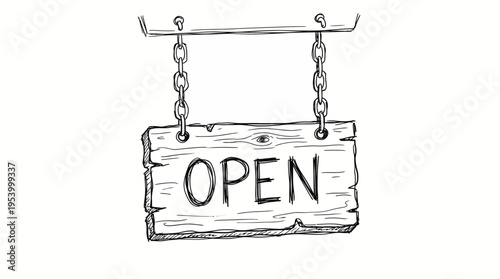 Hand-drawn sketch of a rustic wooden 'OPEN' sign hanging by chains from a metal bar, indicating a business is ready for customers.