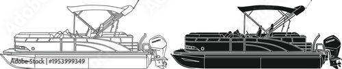 Pontoon boat outline and silhouette set, black and white illustration of leisure marine vessel with canopy isolated on clean background