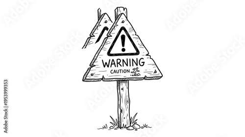 A hand-drawn sketch of a weathered, triangular warning sign with an exclamation mark inside a circle, indicating caution.