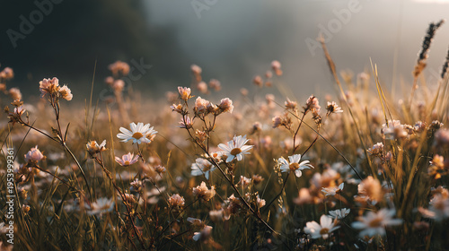 early morning summer meadow filled with fresh blooming wildflowers and light mist hovering above grass