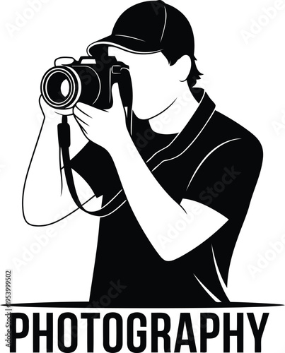 A black and white image of a man taking a photo with a camera