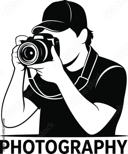 A black and white image of a man taking a photo