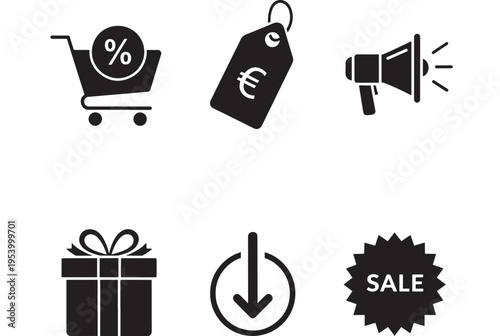 Sale icons set with shopping cart, gift box, and megaphone in black silhouette featuring discount, promotion, commerce with business and marketing