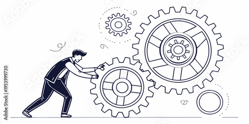 A person is pushing a large gear in a mechanical setting with various gears.