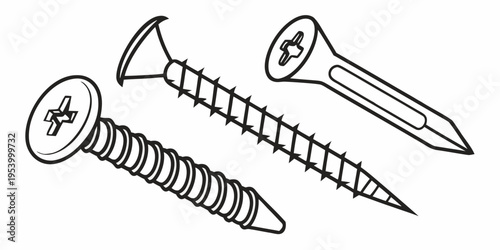 A variety of screws with different heads and thread patterns illustrated in black and white