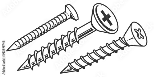 Assorted screws with different heads and thread patterns displayed in black and white