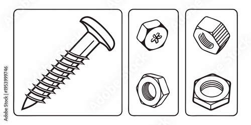 A variety of fasteners and nuts commonly used in construction and manufacturing.