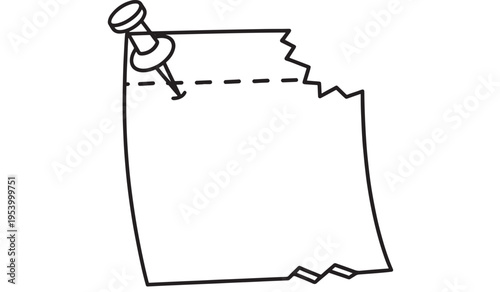 Paper note with push pin tacked to top left corner and dotted line across, simple line drawing featuring reminder, to-do list, task list with pinned