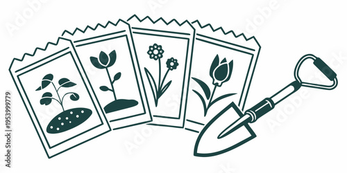 A collection of seed packets and a gardening trowel on a white background