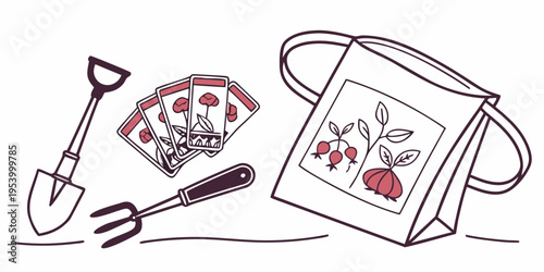 Gardening tools and seed packets on a cloth bag with floral design