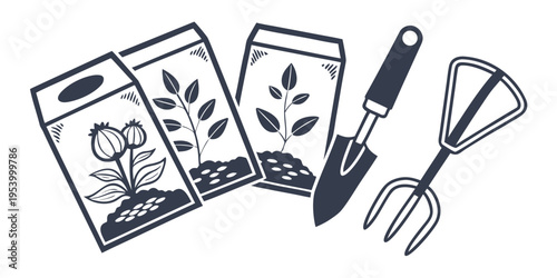 Gardening tools and seed packets for planting and growing herbs
