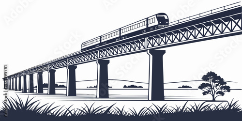 A train crosses a long bridge over a body of water with mountains in the background