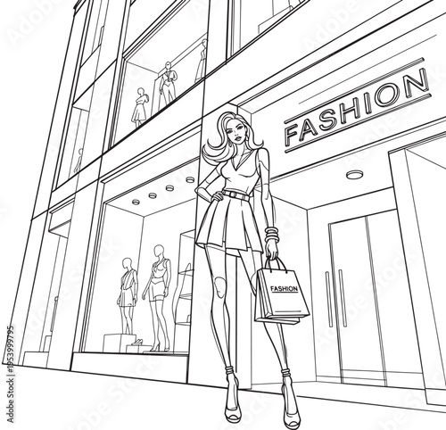 Woman walking in front of fashion store with shopping bag and stylish outfit, urban scene featuring city, illustration, drawing with line art and