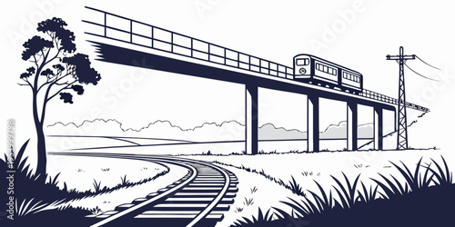 A vintage train crossing a bridge over a rural landscape with trees and grass