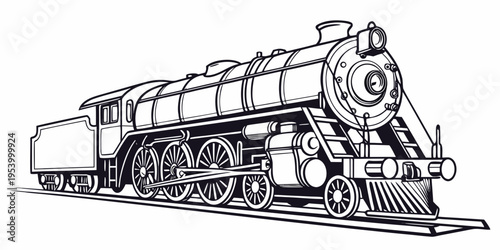 A detailed illustration of a vintage steam locomotive with intricate details and textures