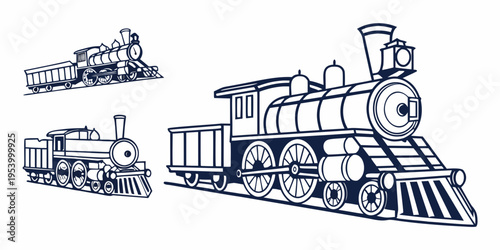 Three vintage steam locomotives illustrated in black and white