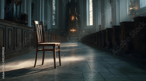 Single chair turned away in church interior, cool ambient light, 24mm wide-angle, cinematic realism, symbolic deviation
