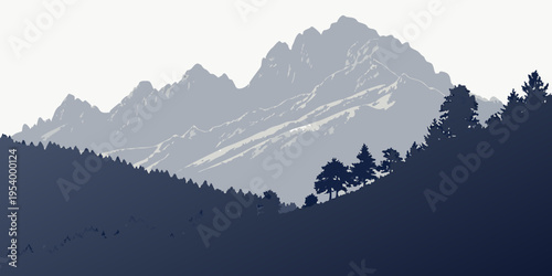 Majestic mountain range with a serene forest in the foreground under a starry night sky