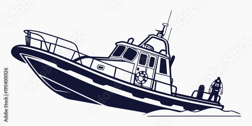 A detailed illustration of a coast guard boat patrolling the open waters