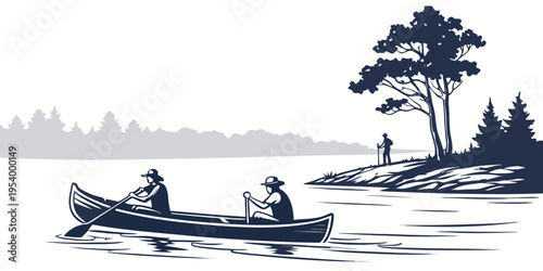 Two people rowing a boat on a serene lake with a forested shoreline.