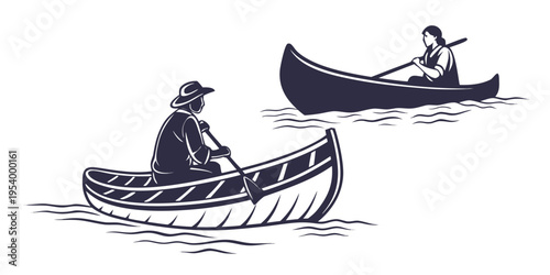 Two individuals rowing in separate canoes on a calm body of water.