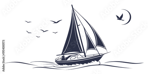 A serene sailboat gliding under a moonlit sky with birds flying overhead