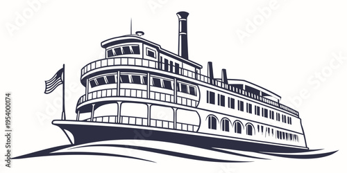 A vintage steamboat sailing on a calm river with a flag waving on its mast.