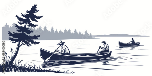 Two people canoeing on a serene lake surrounded by trees and mountains.