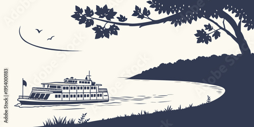 A serene river scene with a paddle steamer and a crescent moon