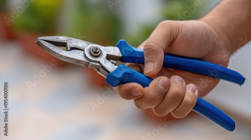Close-up of an electrician's hand holding blue pliers focused on details during electrical work in natural daylight
