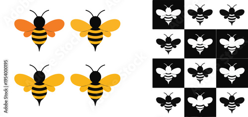 Stylized honey bee icons and grid pattern with monochrome insect silhouettes for modern branding and decor
